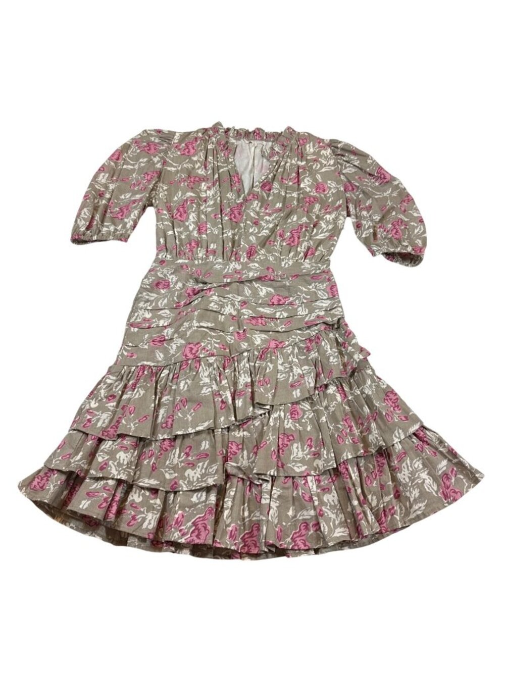 Anna Cate Floral Tiered Ruffle Wrap Dress Cotton Pink & Beige S (P1103)